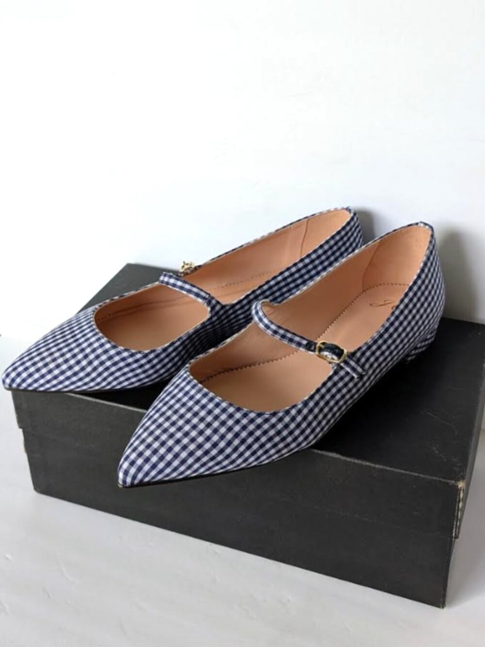 J. Crew Gingham Pointed Toe Mary Jane Flats Navy White 7 NIB - Picture 7 of 9